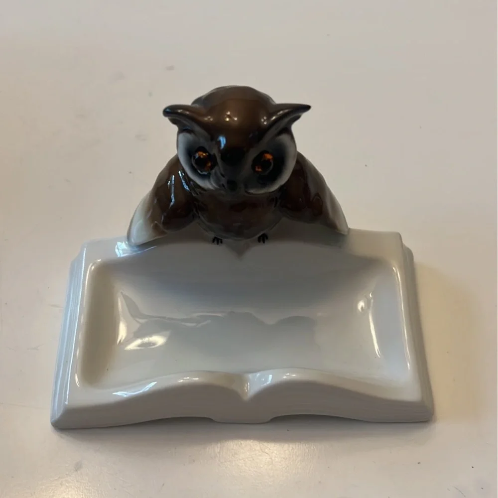 Hand Painted Figurine Porcelain Owl on Book Ring Tray, Germany